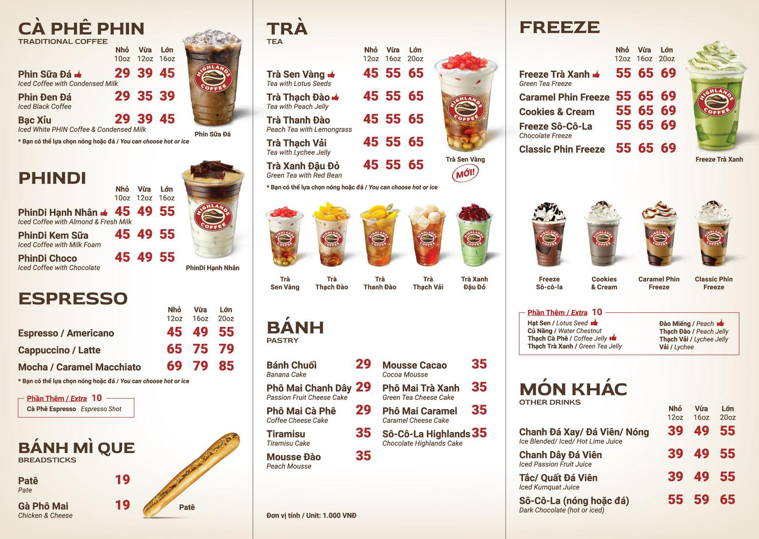 Menu Highlands Coffee | Cập nhật tháng 8 năm 2024